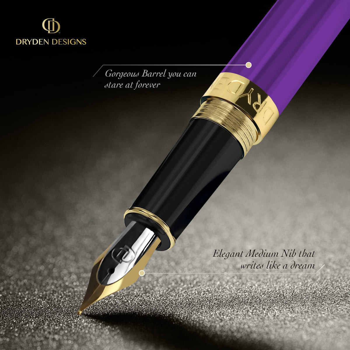 Dryden Designs Fountain Pen. Medium Nib Premium Box | 6 Ink Cartridges Included (Decadent Purple)