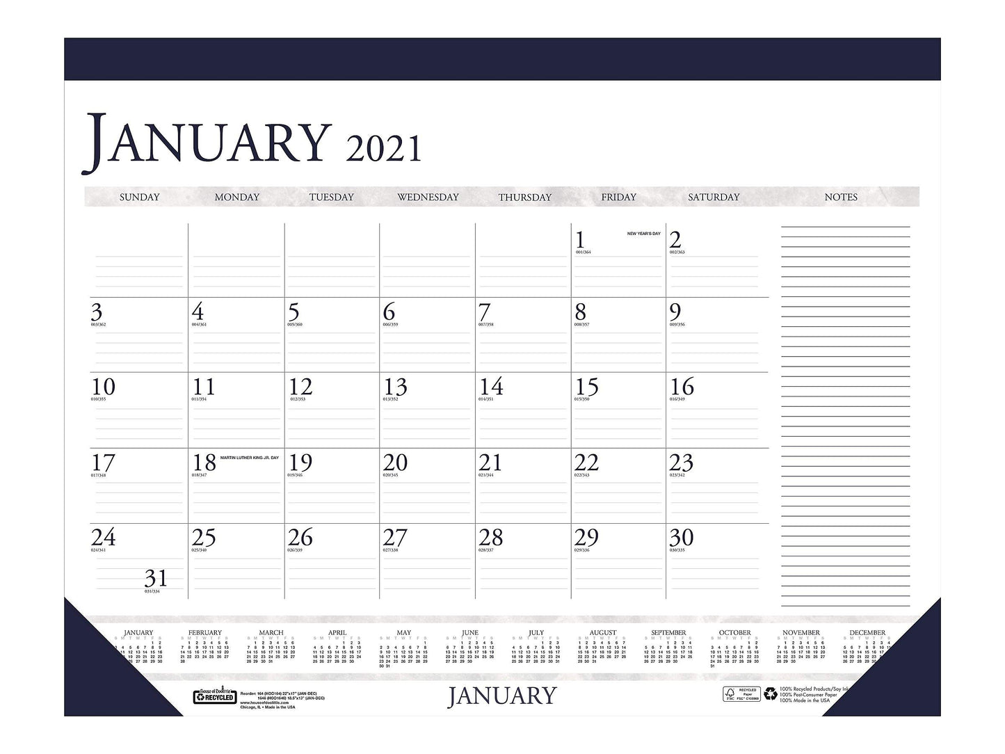 House of Doolittle 2021 Monthly Desk Pad Calendar, Classic with Notes Section, 18.5 x 13 Inches