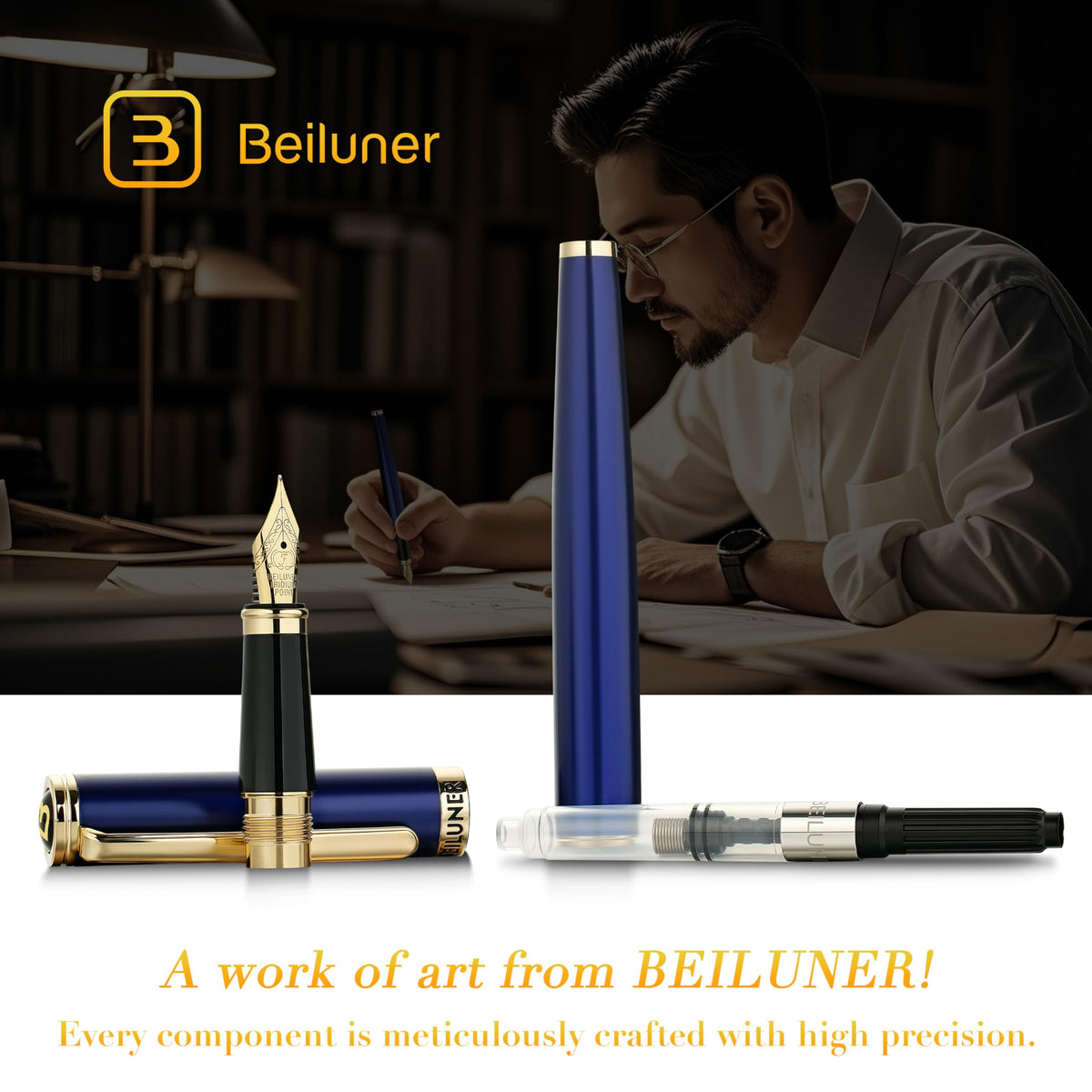 BEILUNER Blue Fountain Pen,Stunning Luxury Pens with 24K Gold Finish, Gorgeous 24K Gilded