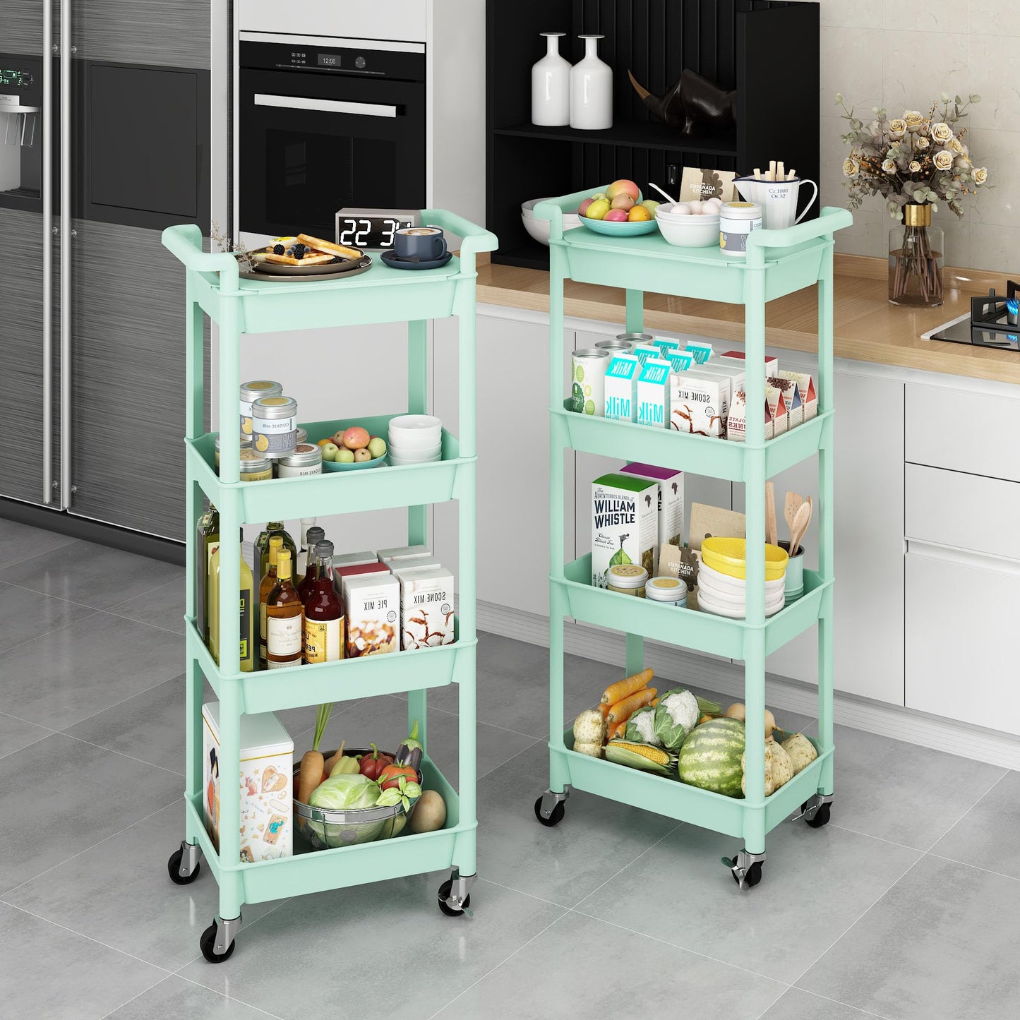 MIOCASA Utility Rolling Cart with Detachable Tray Top, 4-Tier Kitchen Storage Organization, Art