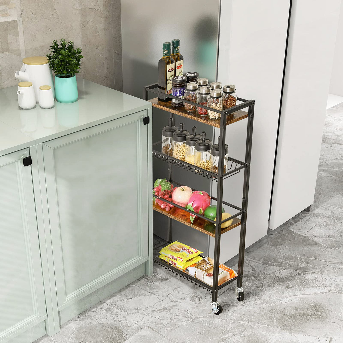 YMYNY Kitchen Storage Rolling Cart 4 Tier on Wheels Rustic Brown HBR002H