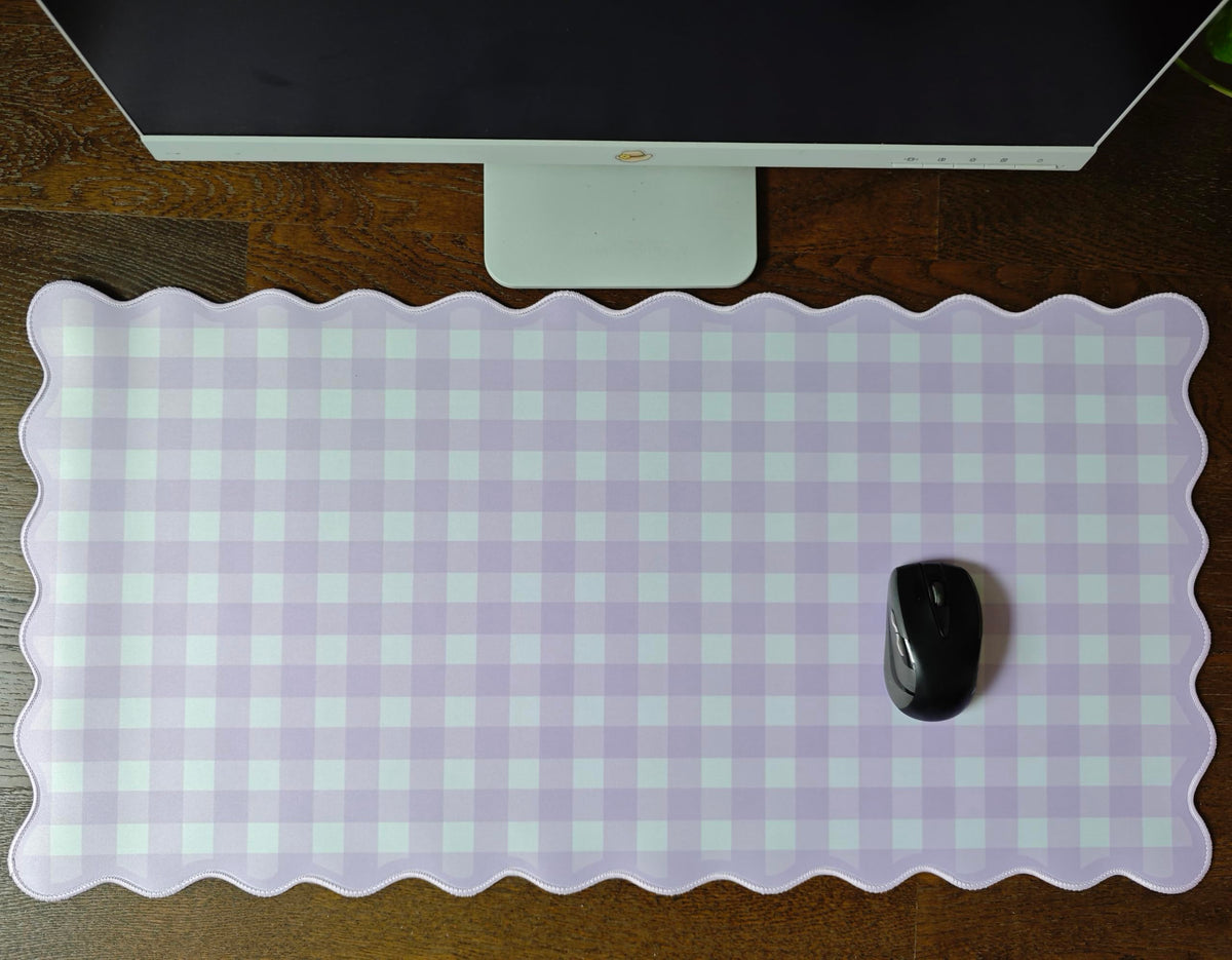 Light Purple Scalloped Checkered Gingham Desk Mat Cute Pastel Large Mouse Pad Kawaii Cottagecore