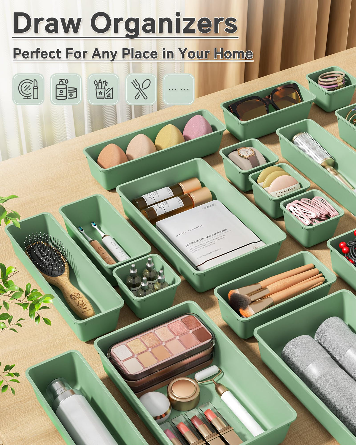KEMETHY 25 PCS Plastic Drawer Organizers Set, 4 Sizes Vanity Organizer, Makeup and Desk Drawer