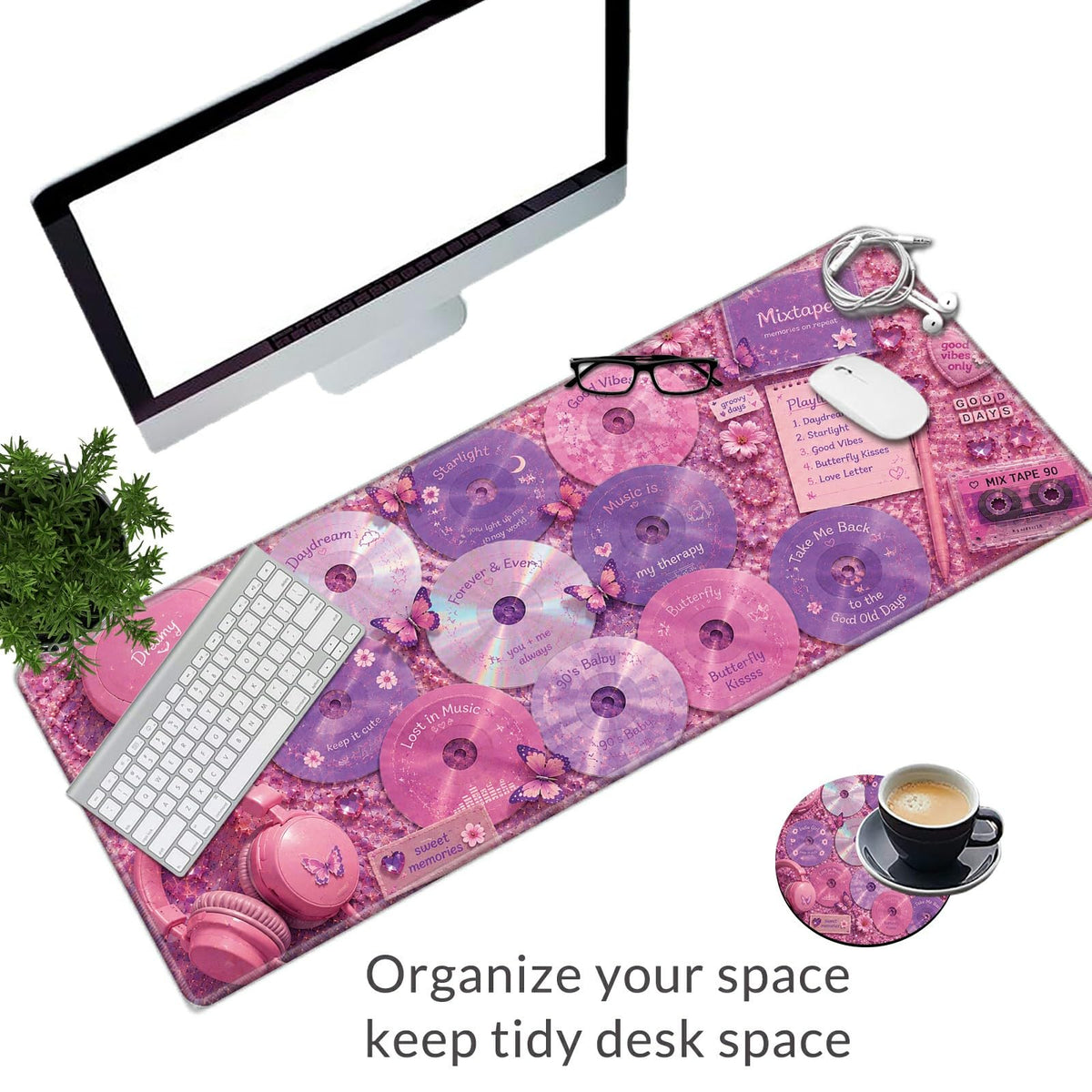 Pink Music Collage Large Mouse Pad, 31.5 x 11.8 in Extended Desk Mat