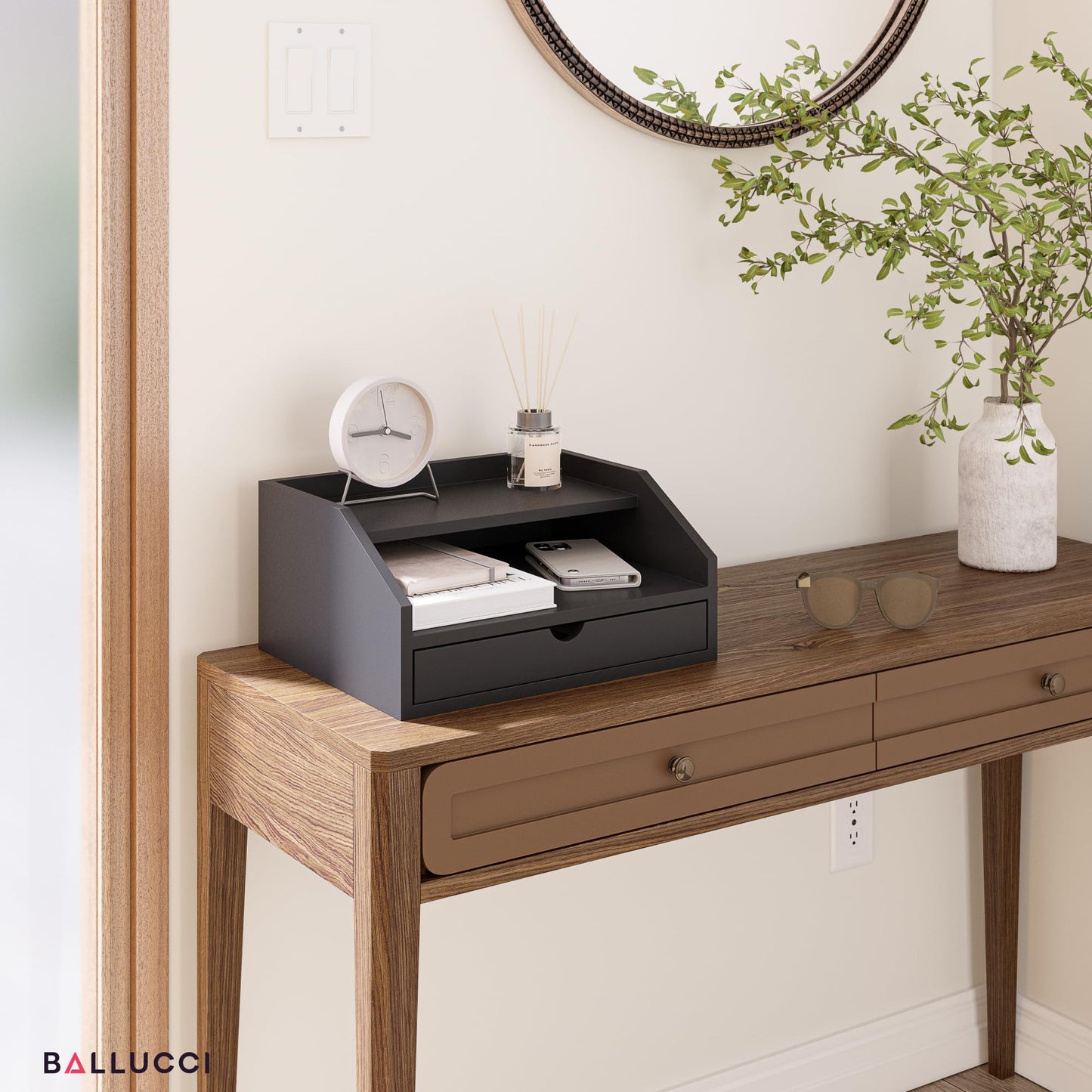 Ballucci Desk Organizer with Drawer, 2 Tier Paper Office Supplies Desk Organizer, 13 2/5" x 9 3/5"