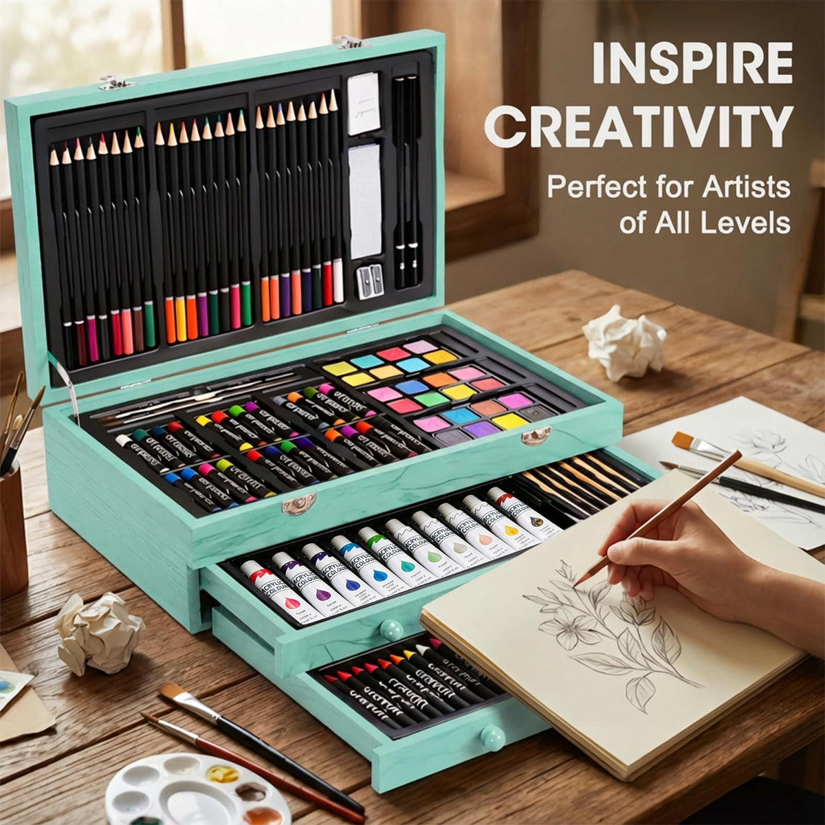 175-Pack Deluxe Wooden Art Set Drawing Painting Kit with 2 Drawing Pads, Acrylic Paints, Colored