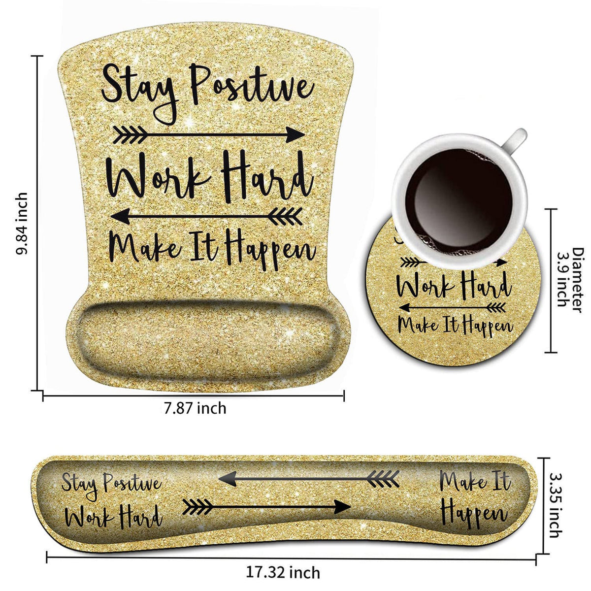 Keyboard Wrist Rest and Mouse Pad Wrist Support Set,Stay Positive Work Hard and Make It Happen Gold