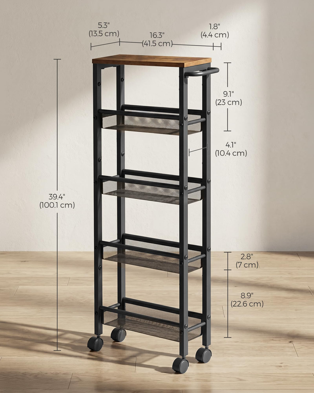 SONGMICS HOME Slim Rolling Cart, 5-Tier Storage Cart with Wheels and Handle, Narrow Utility Cart