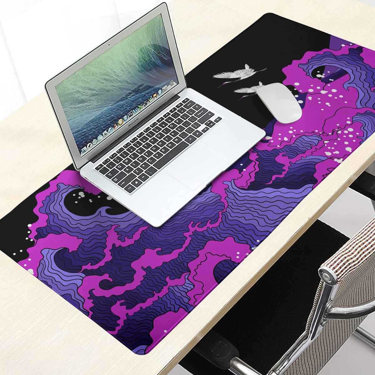 Japanese Balck Blue Purple Wave Gaming Mouse Pad 35.4 X 15.7 Inch XXL Cool Style Art Design Full