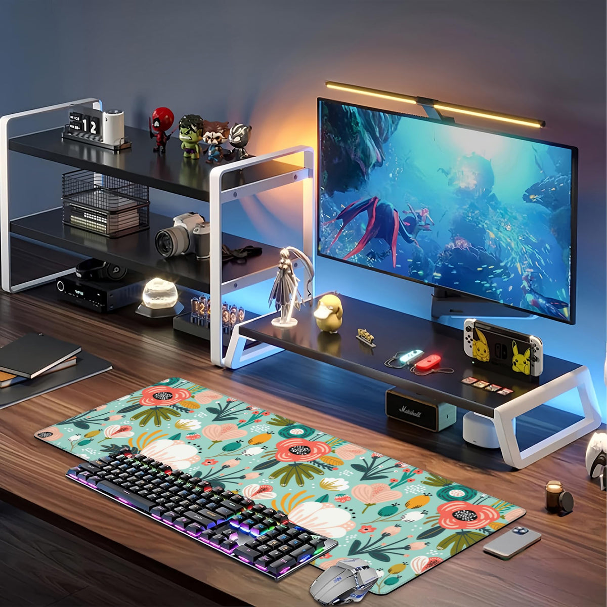 Colorful Flowers and Berries Desk Mat,Large Beautiful Floral Branches Gaming Keyboard Mouse