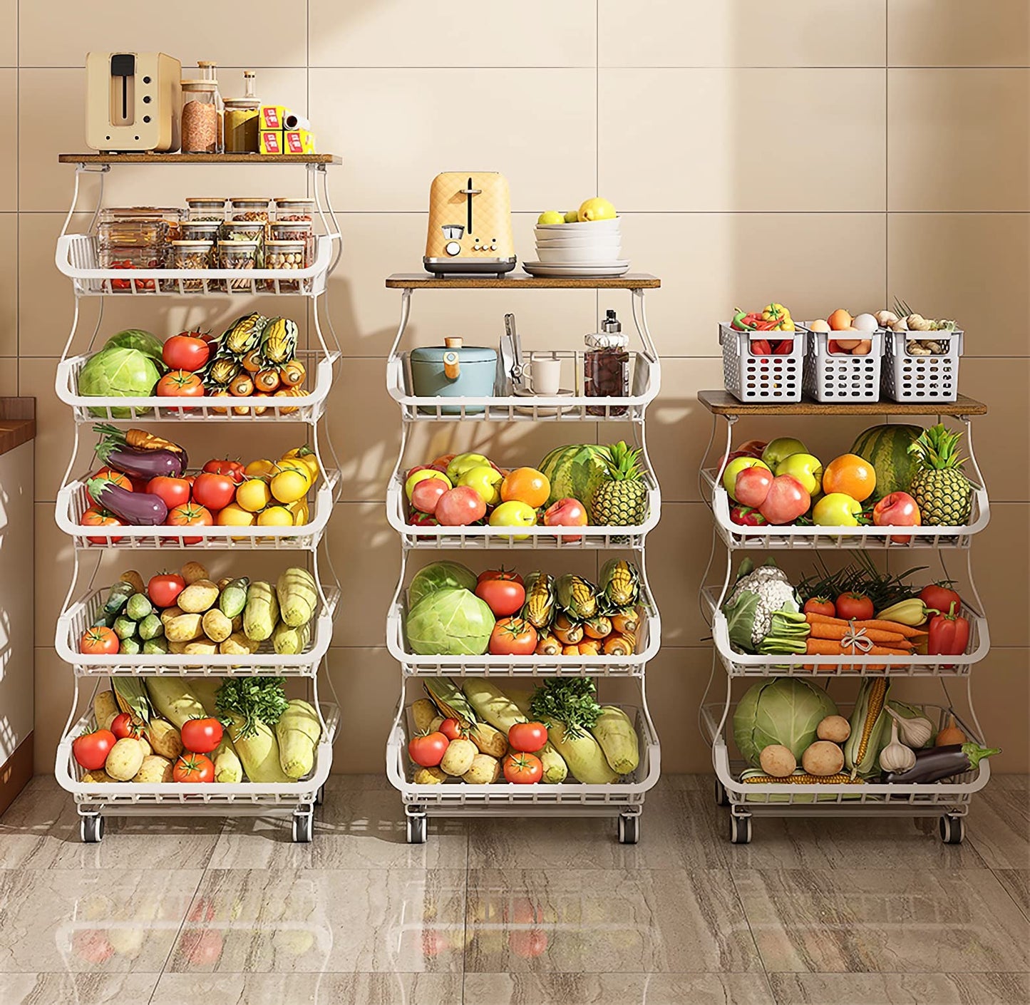 MURRI&MURRDI Fruit Vegetable Storage Basket with Wooden Lid, 6 Tier Stackable Kitchen Cart with