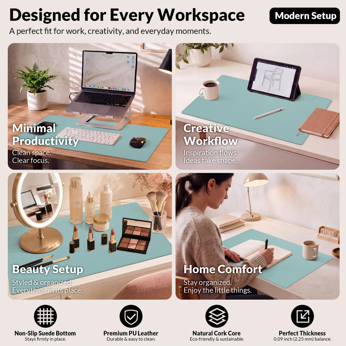 AFIING Leather Desk pad Protector, Light Blue, 35.4" x 17"