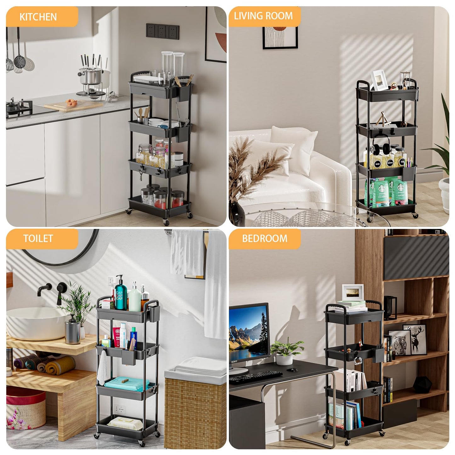 4 Tier Rolling Utility Cart with Drawer,REBECAT Utility Cart Made of Multifunctional Storage