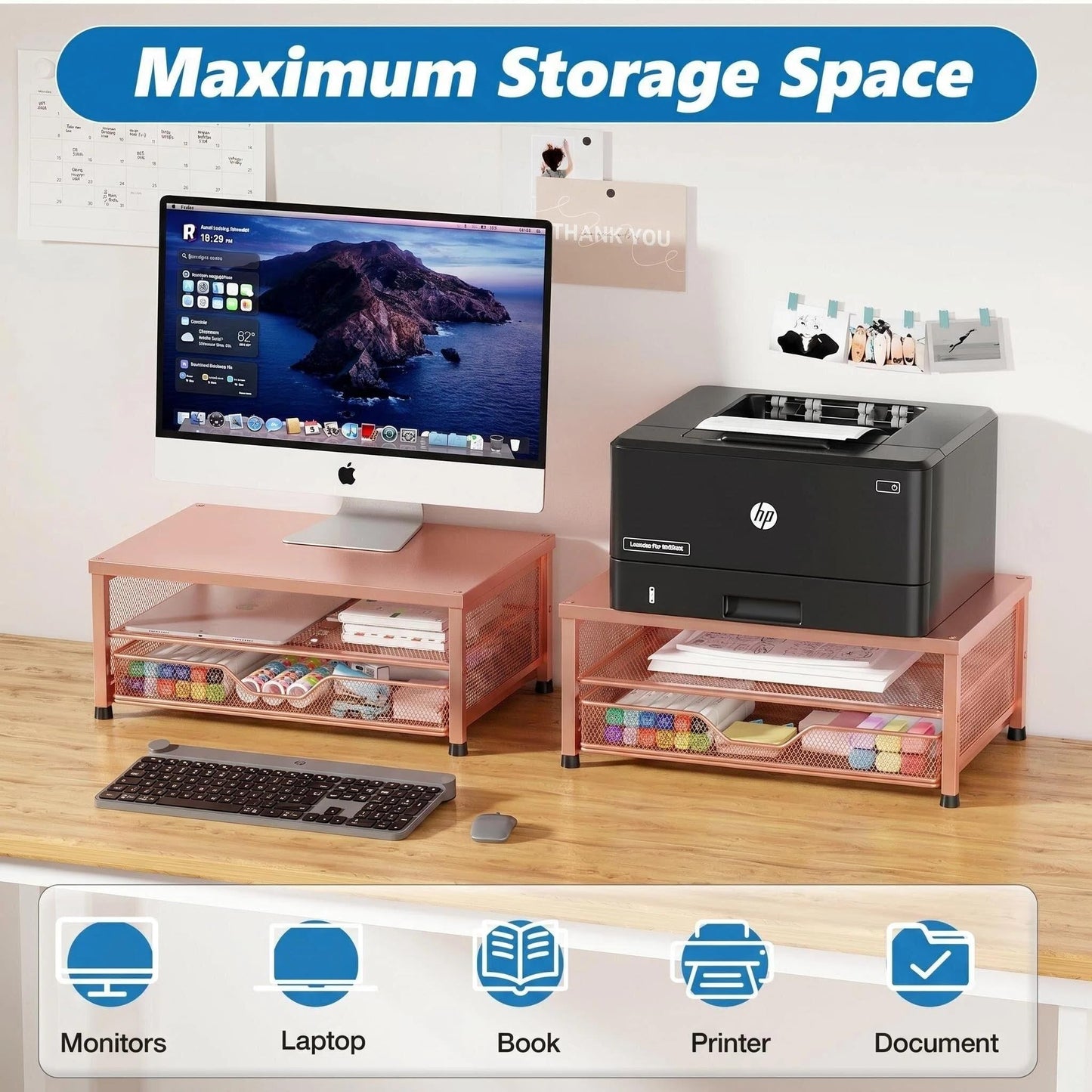 OPNICE Computer Monitor Stand Riser, Desk Organizer with Drawer, Printer & Laptop Stand, Office