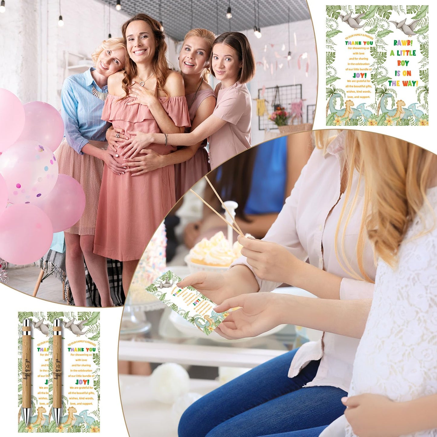 30 Pcs Dinosaur Baby Shower Favors Bulk, Bamboo Pens and Greeting Cards