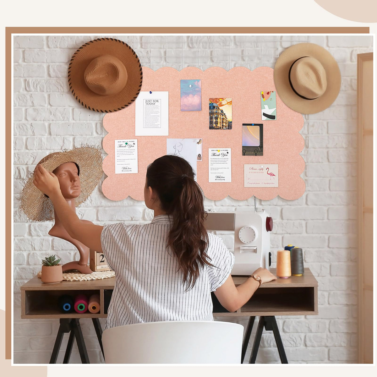 Mooliwe Scalloped Felt Bulletin Cork Board Foldable Light Pink 24 * 18 Inch