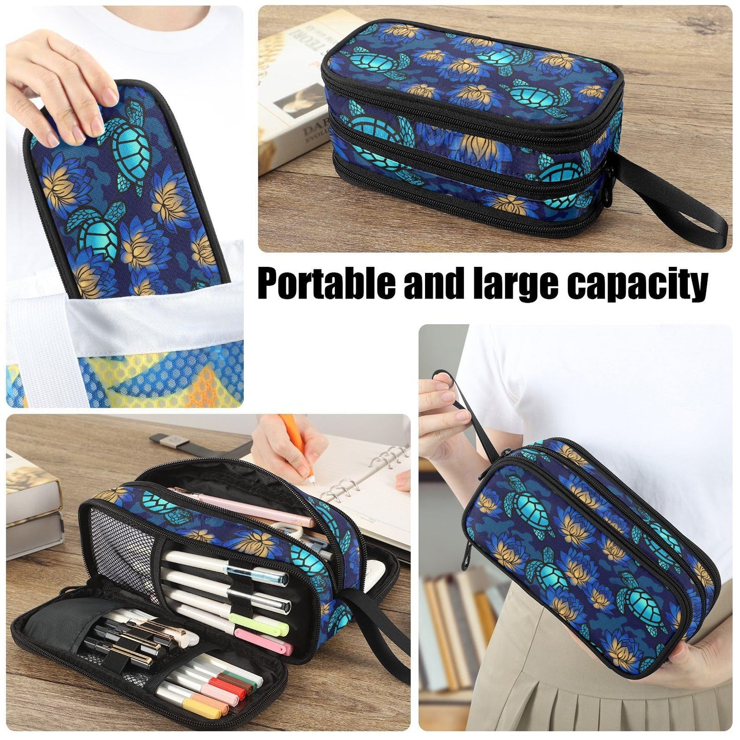Fustylead Turtles and Lotuses Large Pencil Case, Minimalist Portable Stationery Bag Cosmetics Bag