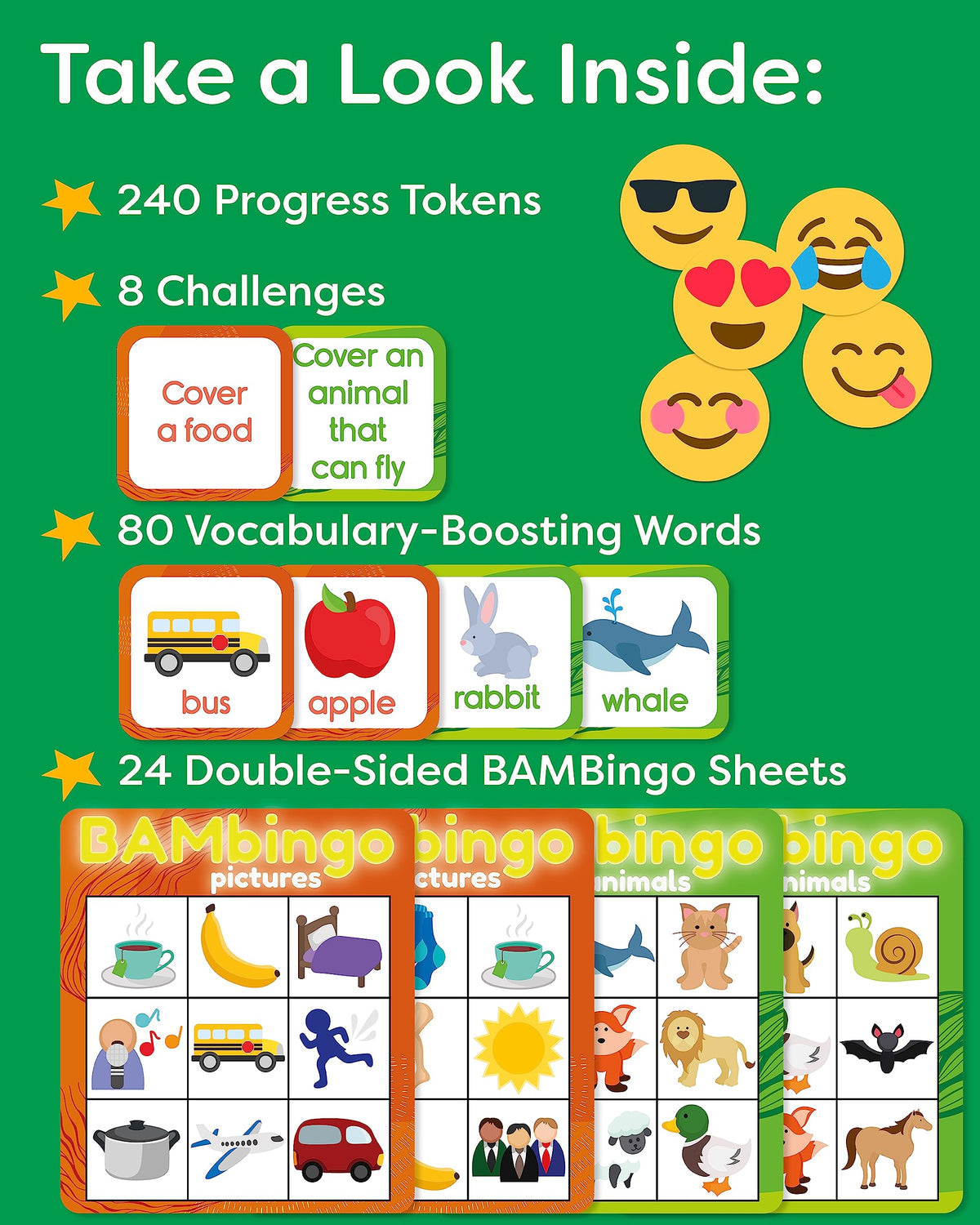 Animal and Picture Bingo Game for Kids - Flash Cards Matching Learning Board Game for Ages 3-6