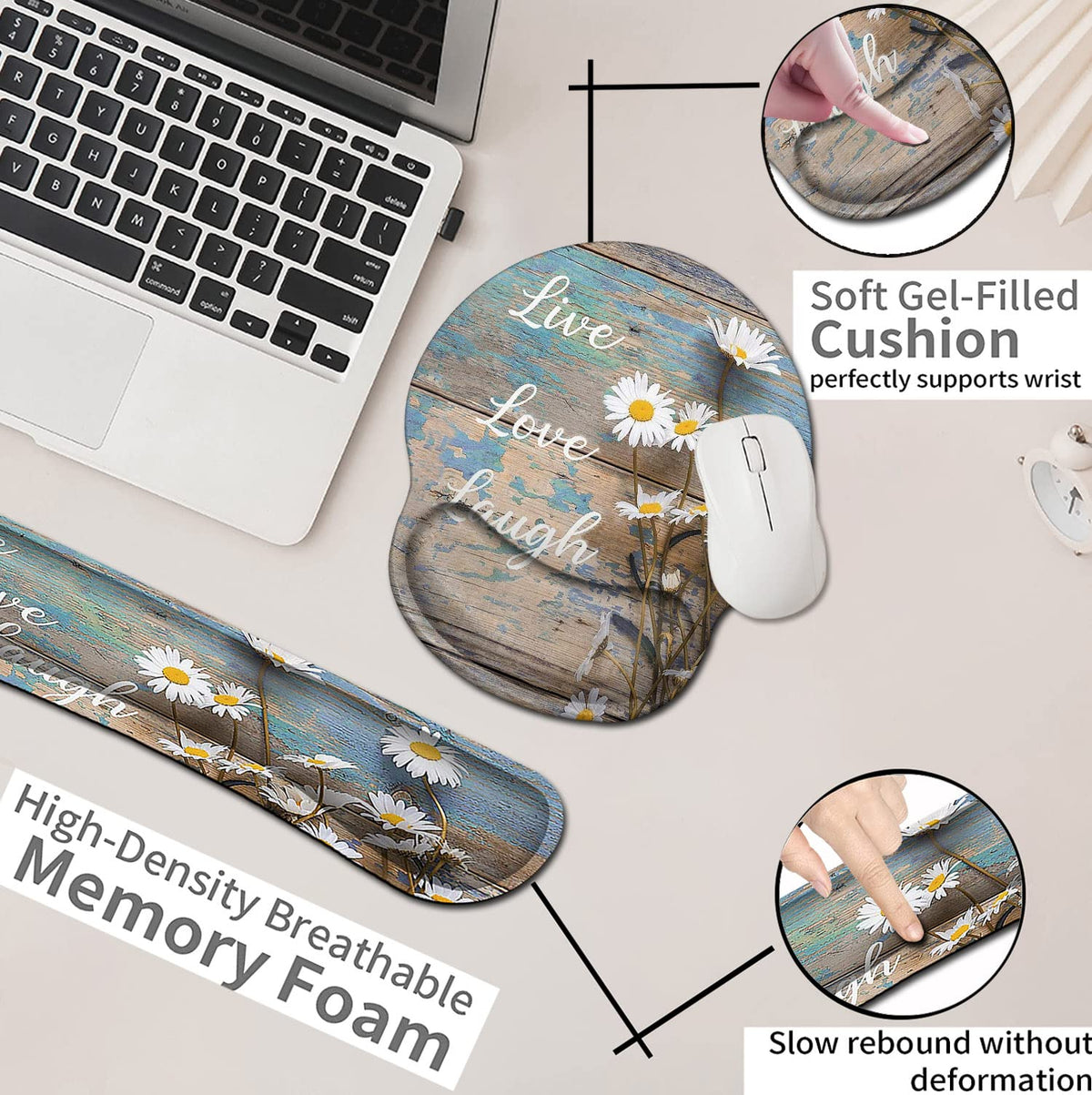 Mouse Pad for Women, Ergonomic Gel Mouse Pad, Keyboard Wrist Rest Relieves Fatigue, White Daisy