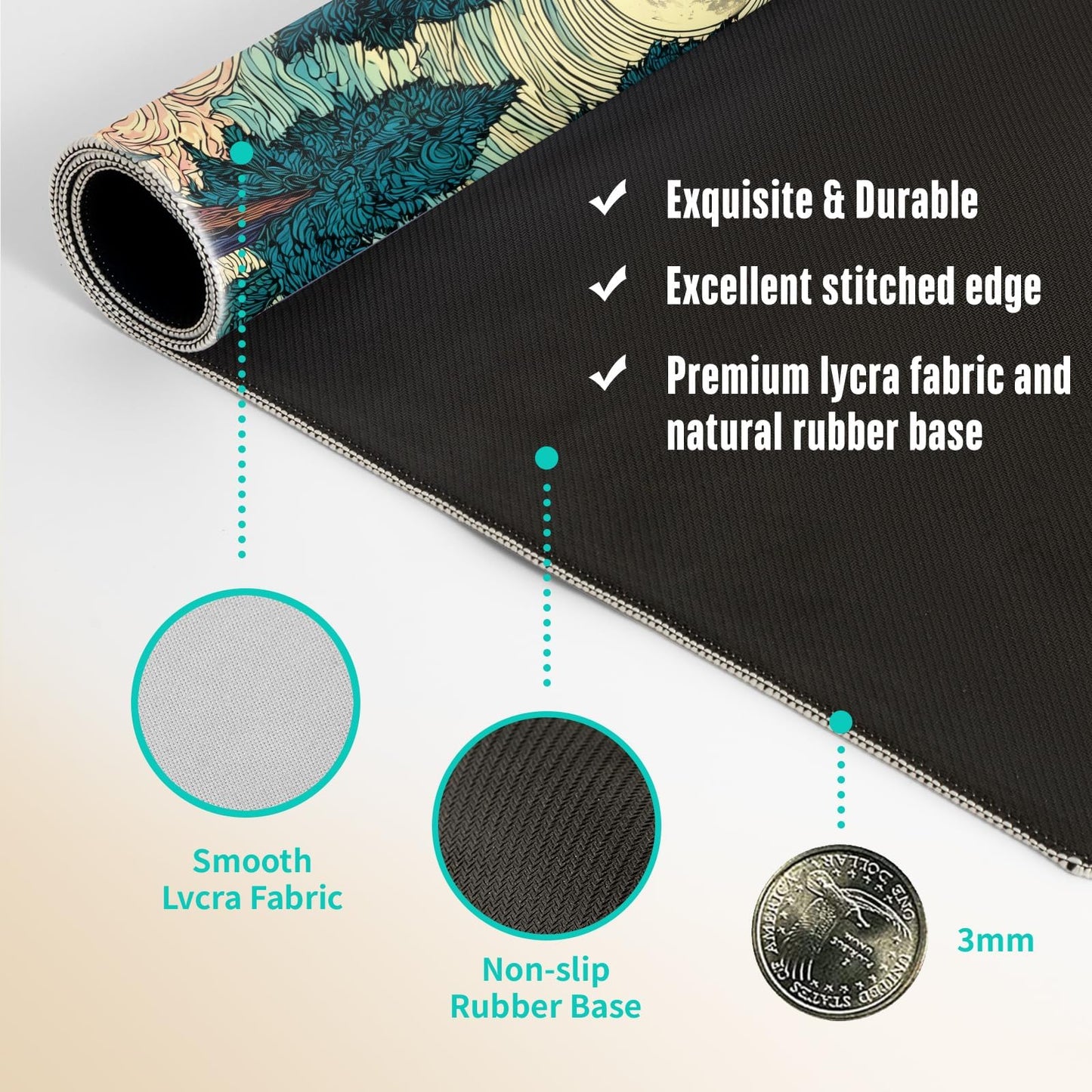 Extended Gaming Mouse Pad, Large Mouse Mat 3 mm Nature Rubber Base Mousepad with Stitched Edges