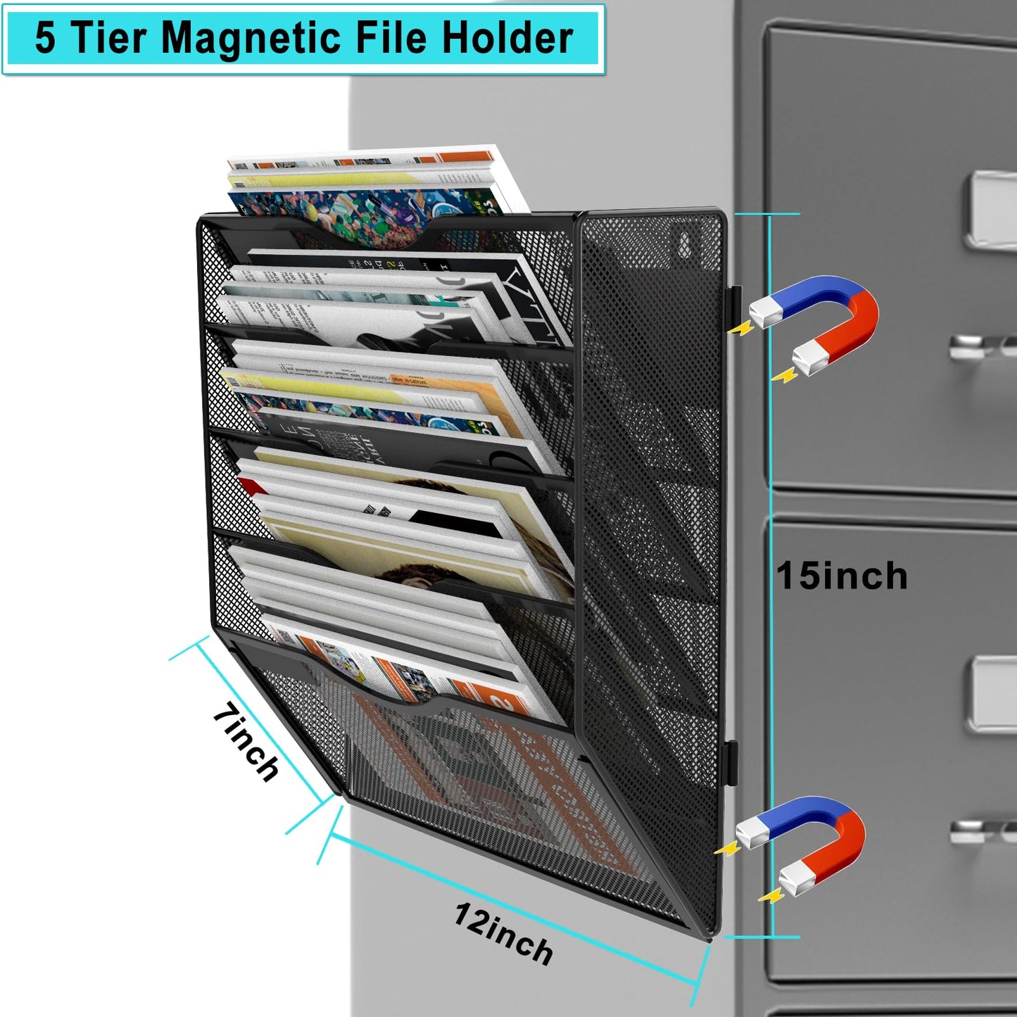 LQPAFZ 5 Tier Magnetic File Holder for File Cabinets, Refrigerator, Whiteboard, Office, No Drilling