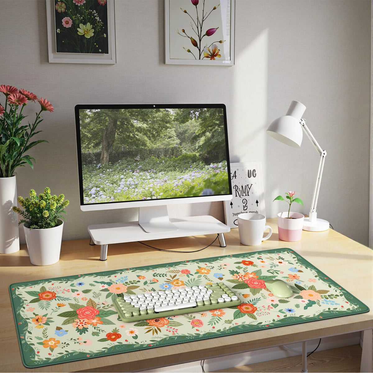HAOCOO Green Floral Keyboard Pad, 35.4" x 15.7" Computer Pad for Dorm Room