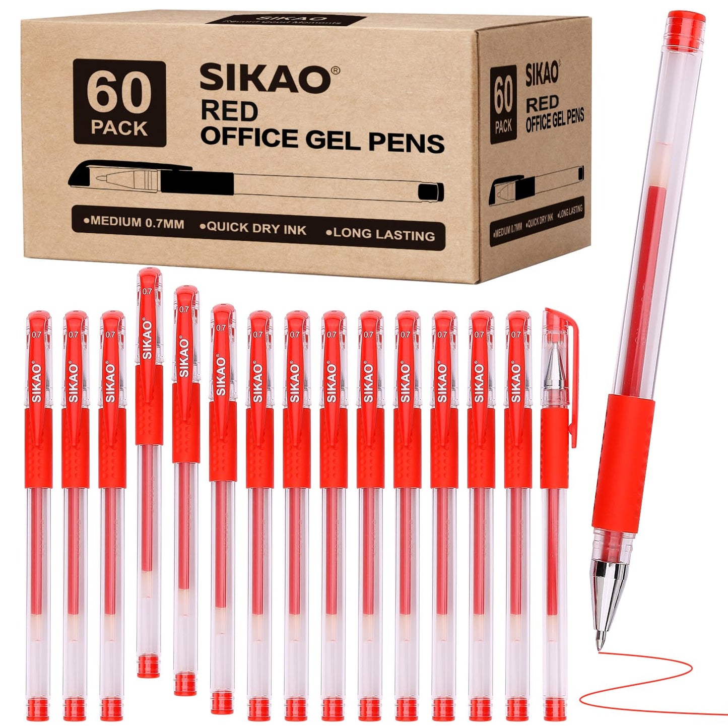 Sikao Red Gel Pens Bulk, 60 Pack 0.7mm Fine Point Gel Ink Rollerball Pens, Smooth Quick-Dry Red Ink