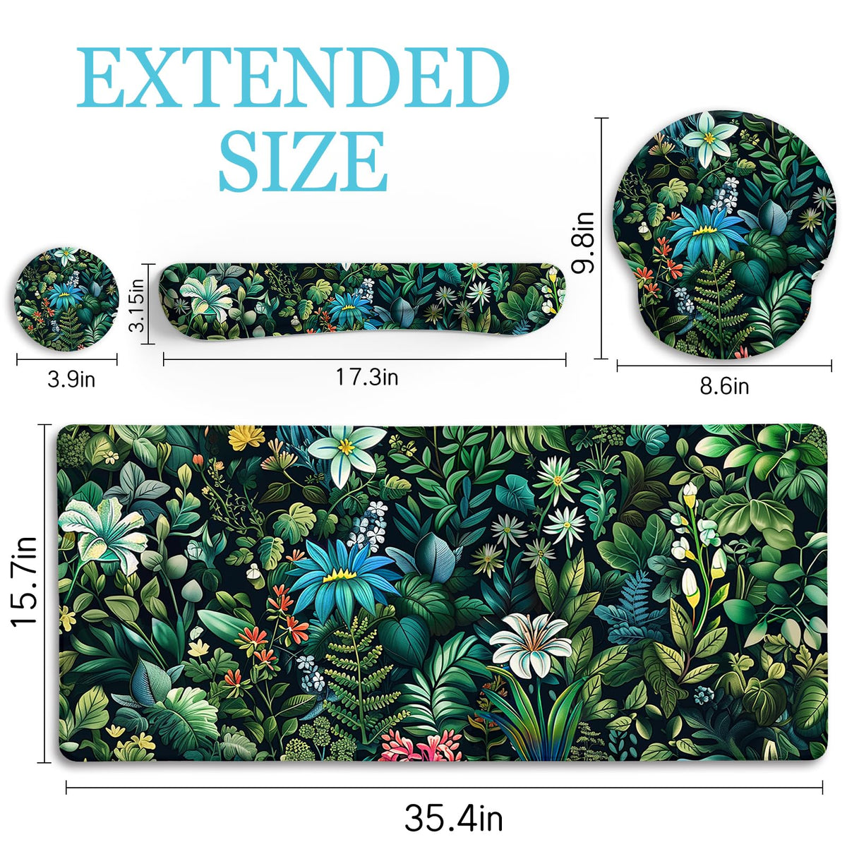 LIMKRIAN Floral Large Desk Mat Set, Green Mouse Pad with Wrist Rest