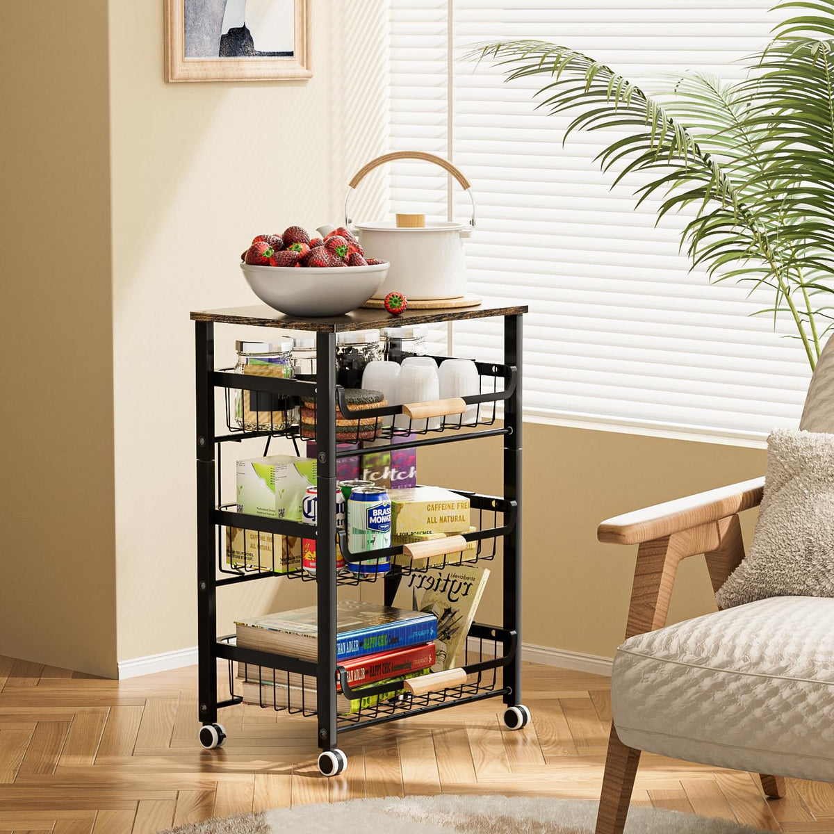 JAQ Fruit Vegetables Carts, 4-Tier Slide Out Metal Storage Baskets Stand Organizers with Wood Top