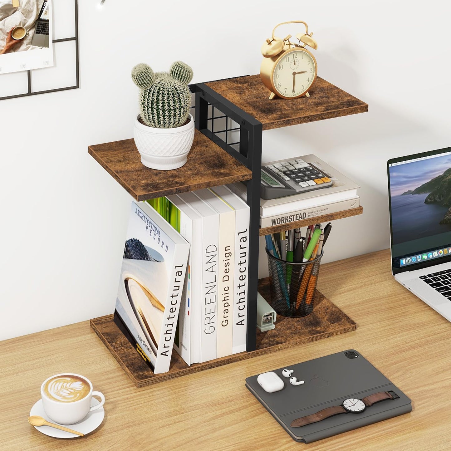 ELITEROO Desktop Shelf Organizer, 4-Tier Wooden Desk Bookshelf, Small Tabletop Book Shelf