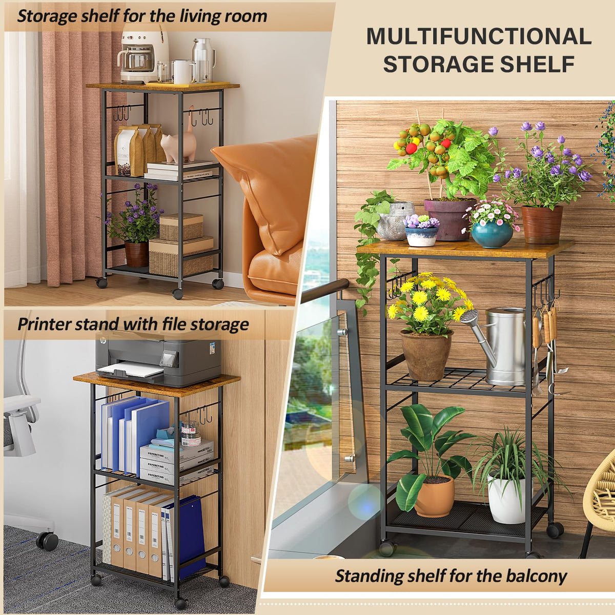 ThreeHio Rolling Kitchen Microwave Cart, 3 Tier Microwave Table Stand with Adjustable Shelf
