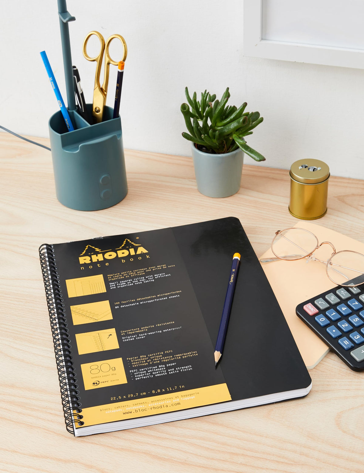 Rhodia Wirebound Notebook 8.8 X11.75 Inches Black Grid, Satin
