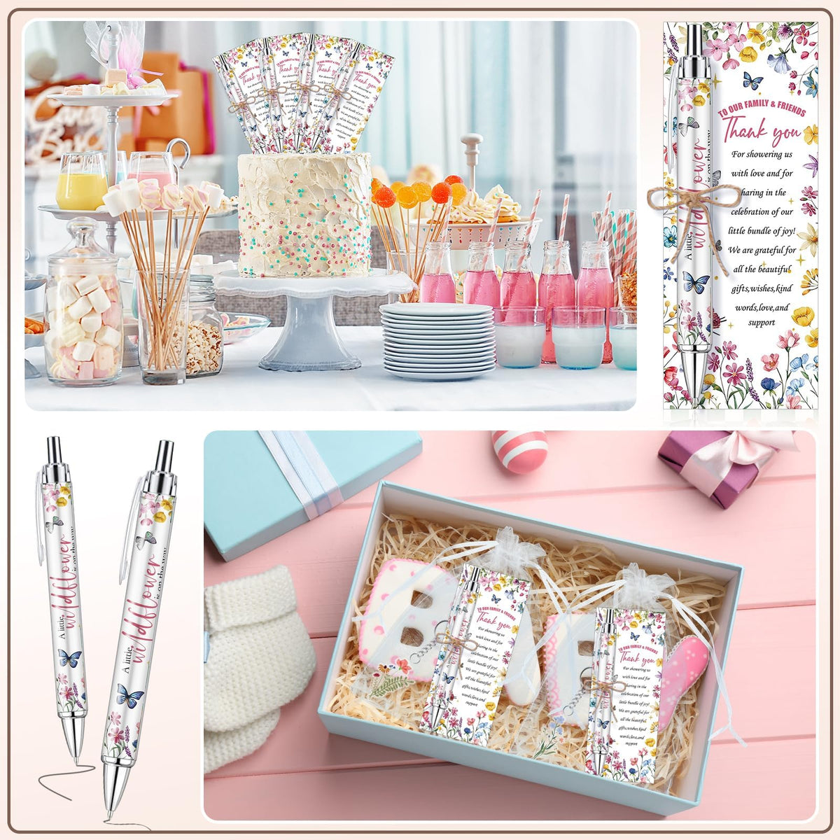 EYNDYN 145 Pieces Wildflower Baby Shower Favors for Guest Little Wildflower Ballpoint Pens