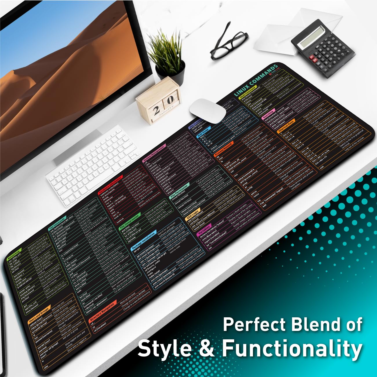 Pixiecube Linux Commands Line Mouse pad - Extended Large Cheat Sheet Mousepad. Shortcuts to