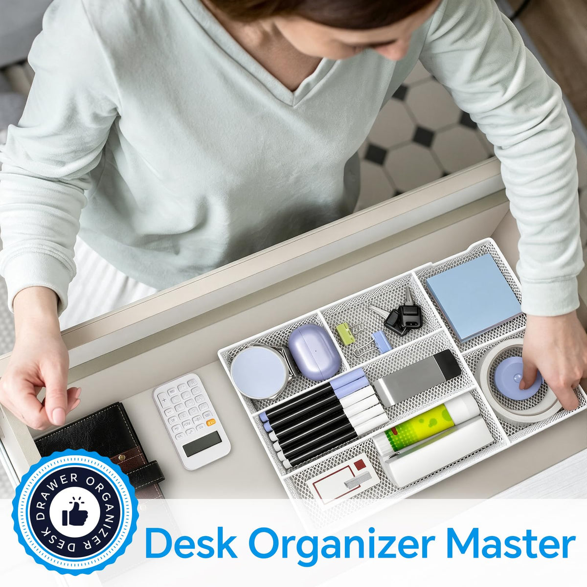Desk Drawer Organizer, Office Drawer Divider Organizer Tray with 6 Compartments, Metal Mesh Desktop