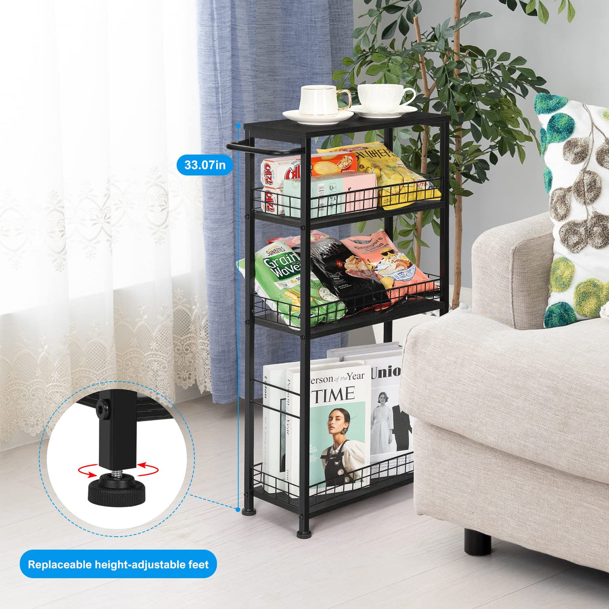 YBING Slim Storage Cart Kitchen Rolling Utility Cart on Wheels 4 Tier Mobile Narrow Cart with Wood