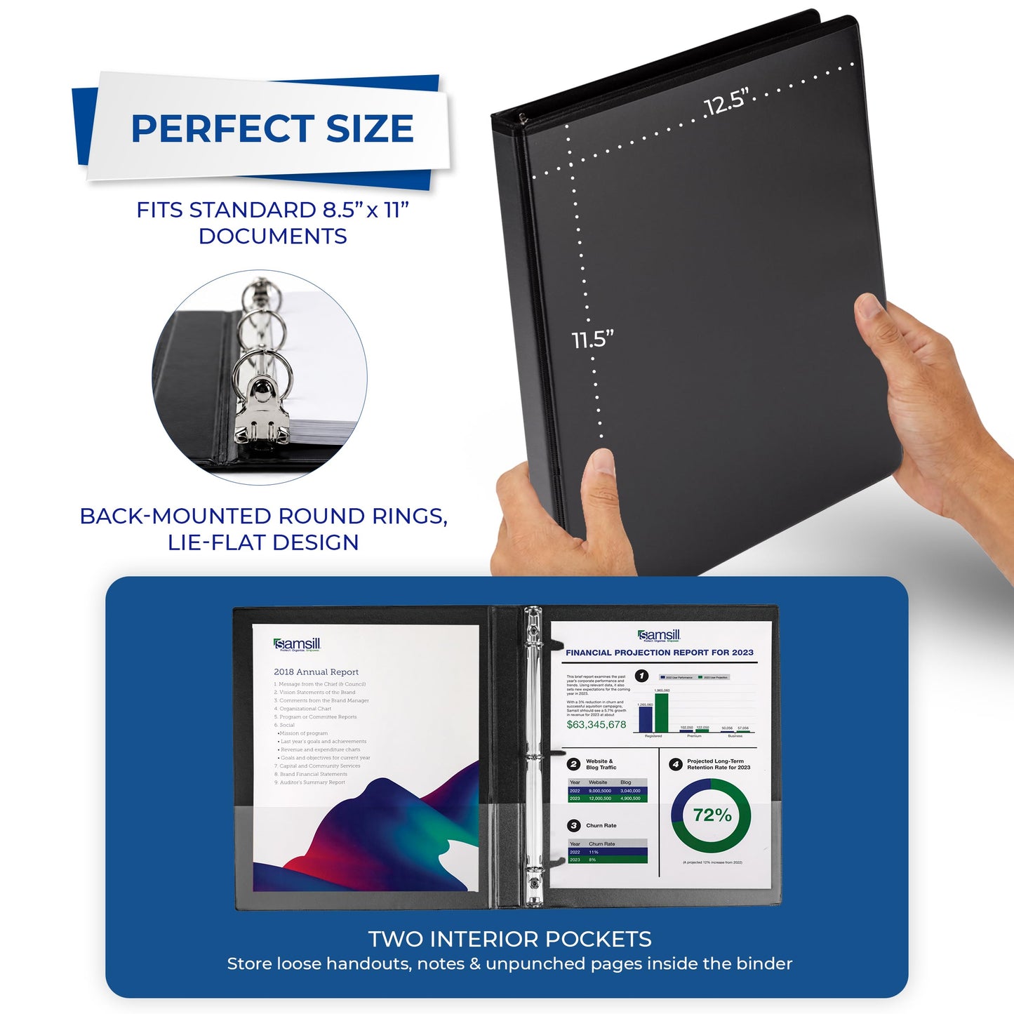 Samsill 0.5 Inch 3 Ring Binder, Economy Round Ring, Clear View Cover, 100 Sheet Capacity - for