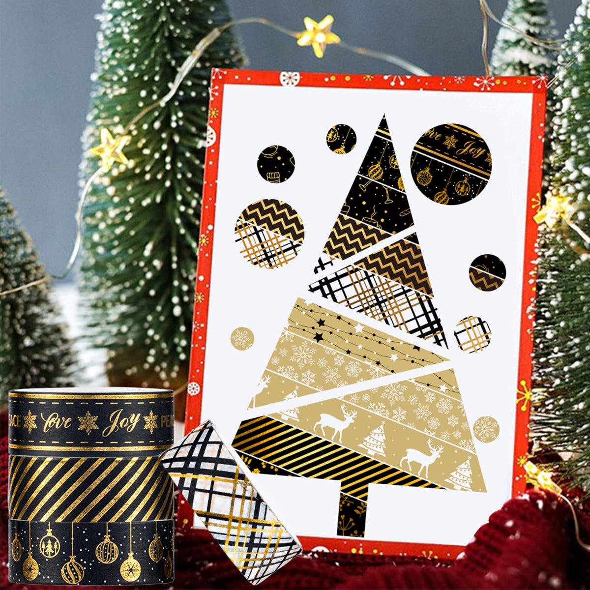 Whaline 12 Rolls Christmas Washi Tape Black Gold Xmas Washi Masking Tape Foil Gold Snowflake Xmas