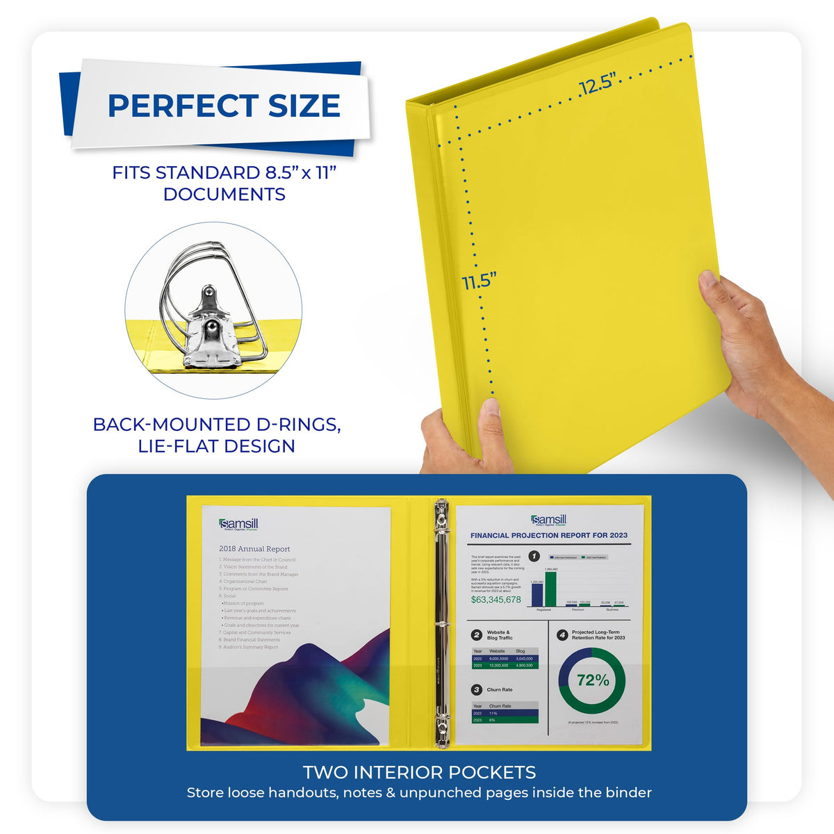 Samsill Durable 0.5 inch 3 Ring Binder, D Ring Binder, 100% Recycled Chipboard, Yellow, 12 Pack
