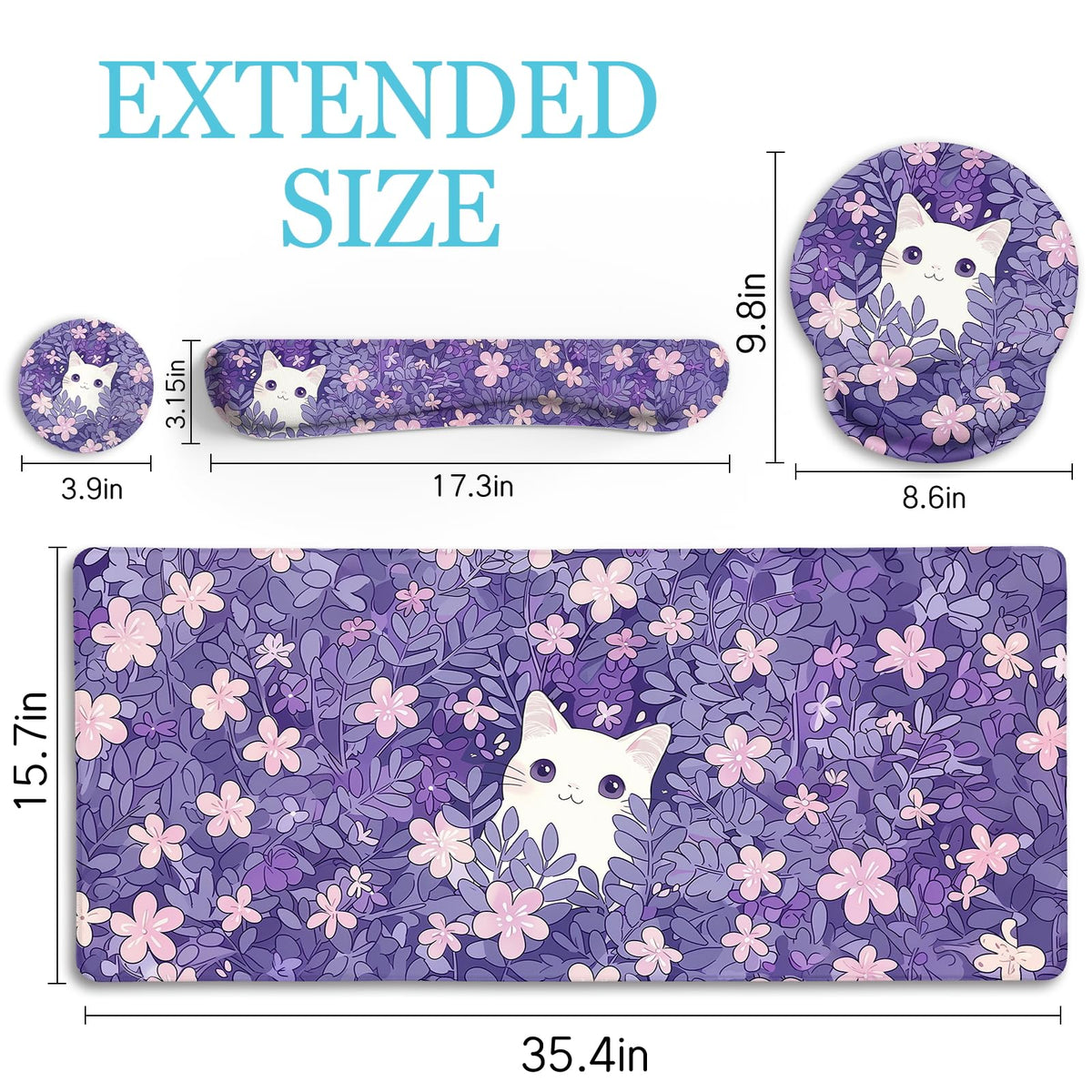 LIMKRIAN Purple Mouse Pad Large Desk Mat Set, Kawaii Cat Gaming Mousepad