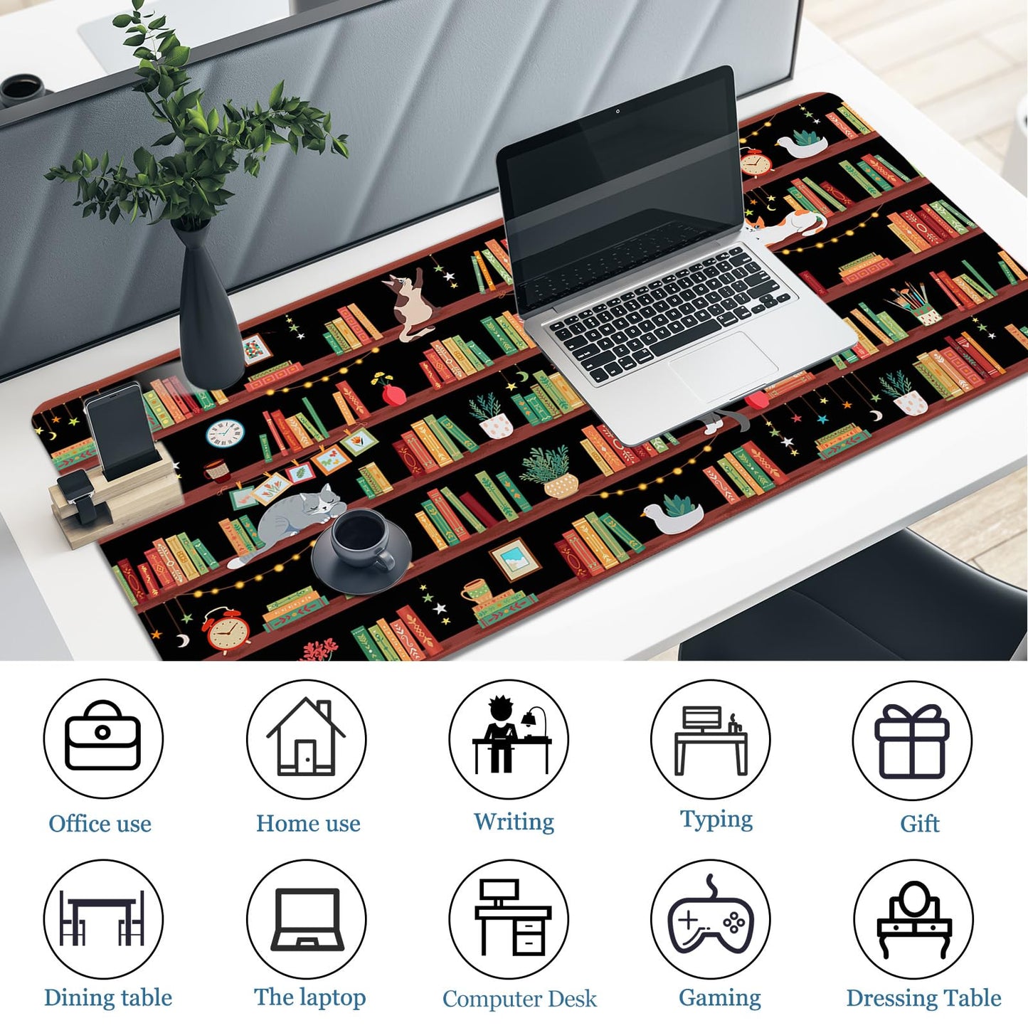 Bookshelf Cat Teacher Desk Pad, Mouse Pad Office Accessories, 31.5×15.7