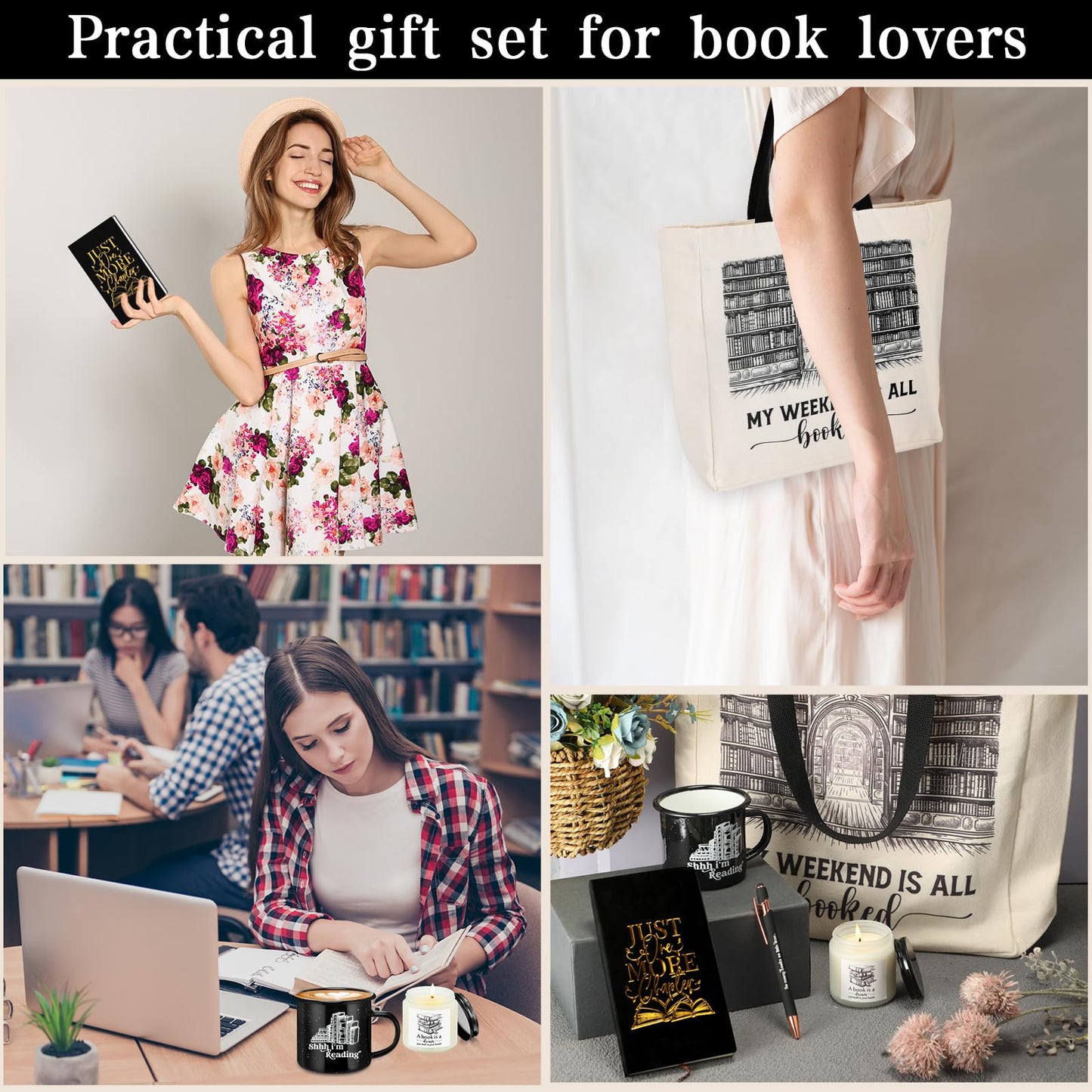 Jetec 5 Piece Book Lovers Set, Canvas Tote Bag Notebook, Candle, Black