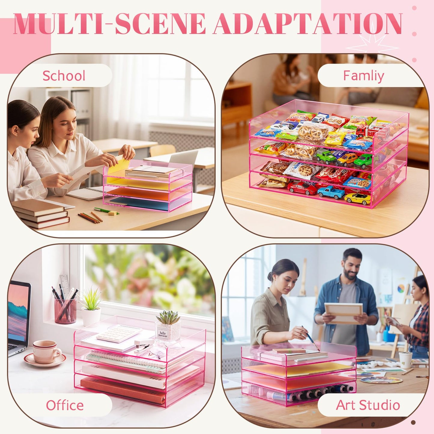 Harloon 4 Tier Clear Hot Pink Acrylic Paper Organizer Letter Tray, Aesthetic Stackable Low Profile