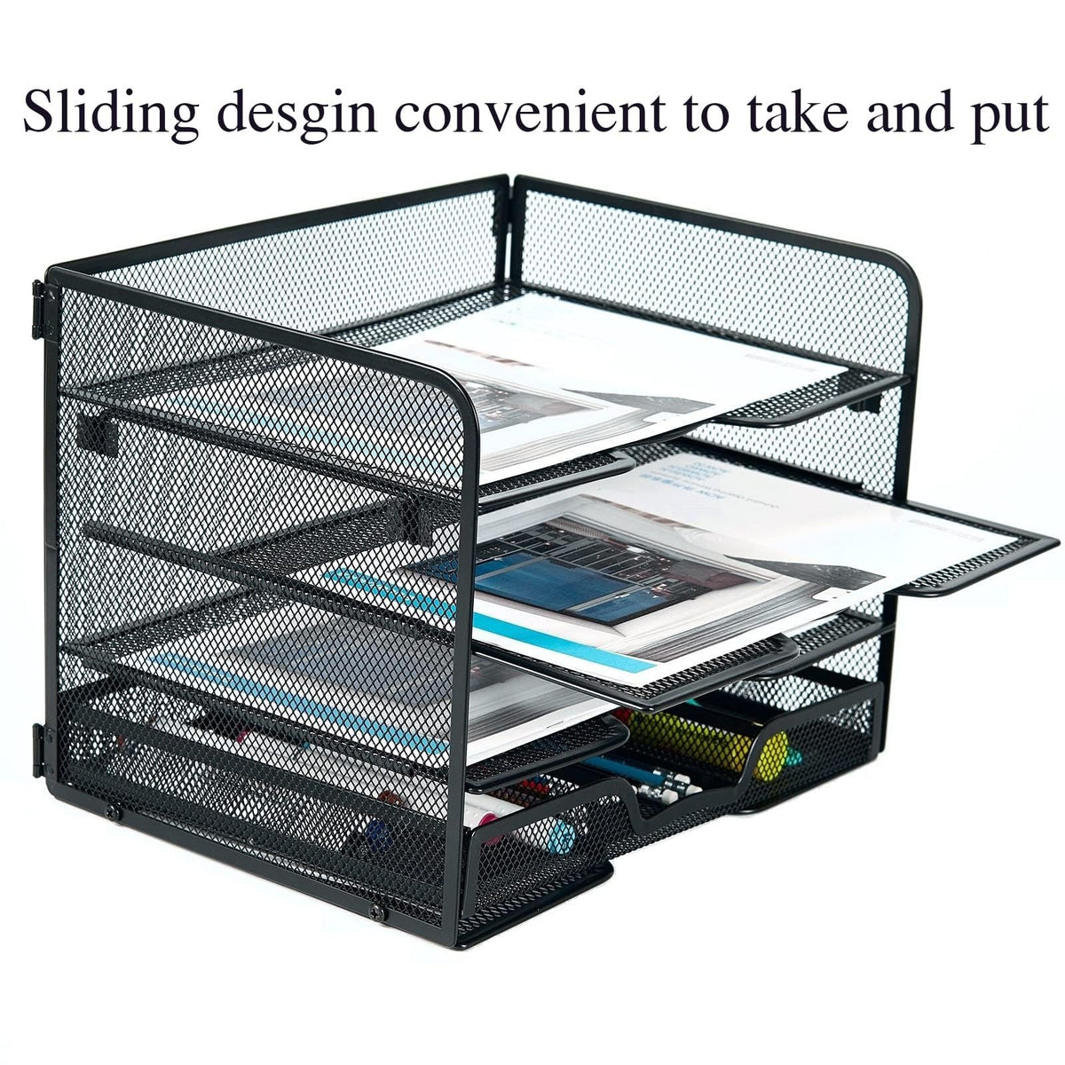 SETTFRFE 4-Tier Metal Desk Organizer-Paper Letter Tray with Drawer,Black