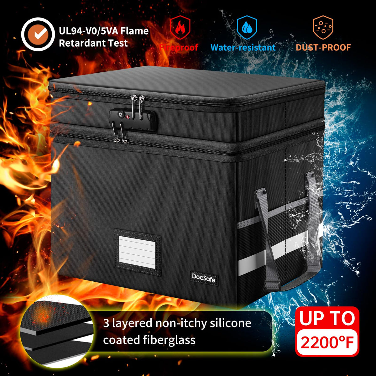 DocSafe File Box with Lock,Multi-Layer Fireproof Document Box Collapsible File Storage Organizer
