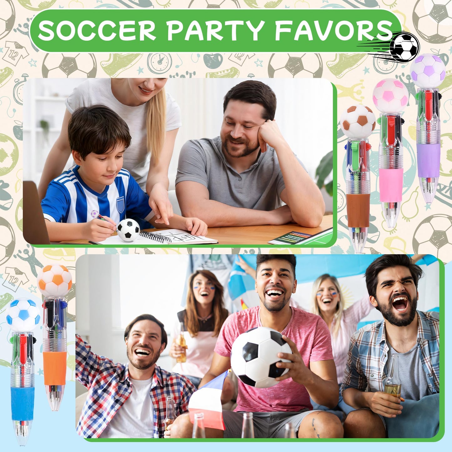 LiYiQ 100 Pcs Soccer Party Favor Multicolor Pen in One Cartoon Cute Fun 4-in-1 Cute Pens Bulk