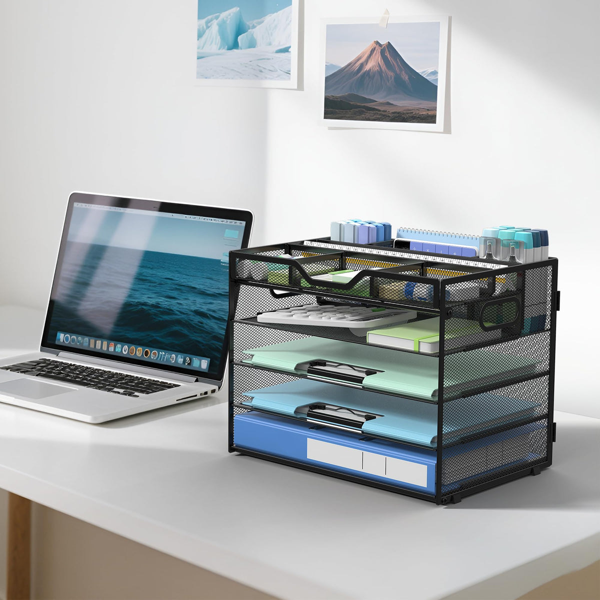 Docnest 5 Tier Mesh Desk Organizer with Removable Tray&Pen Holder, Black