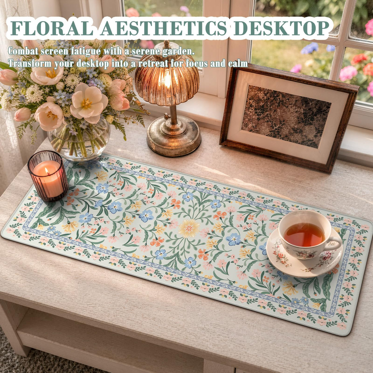 iCasso Aesthetic Desk Mat,31.5x11.8 Mouse Pads,Green Floral