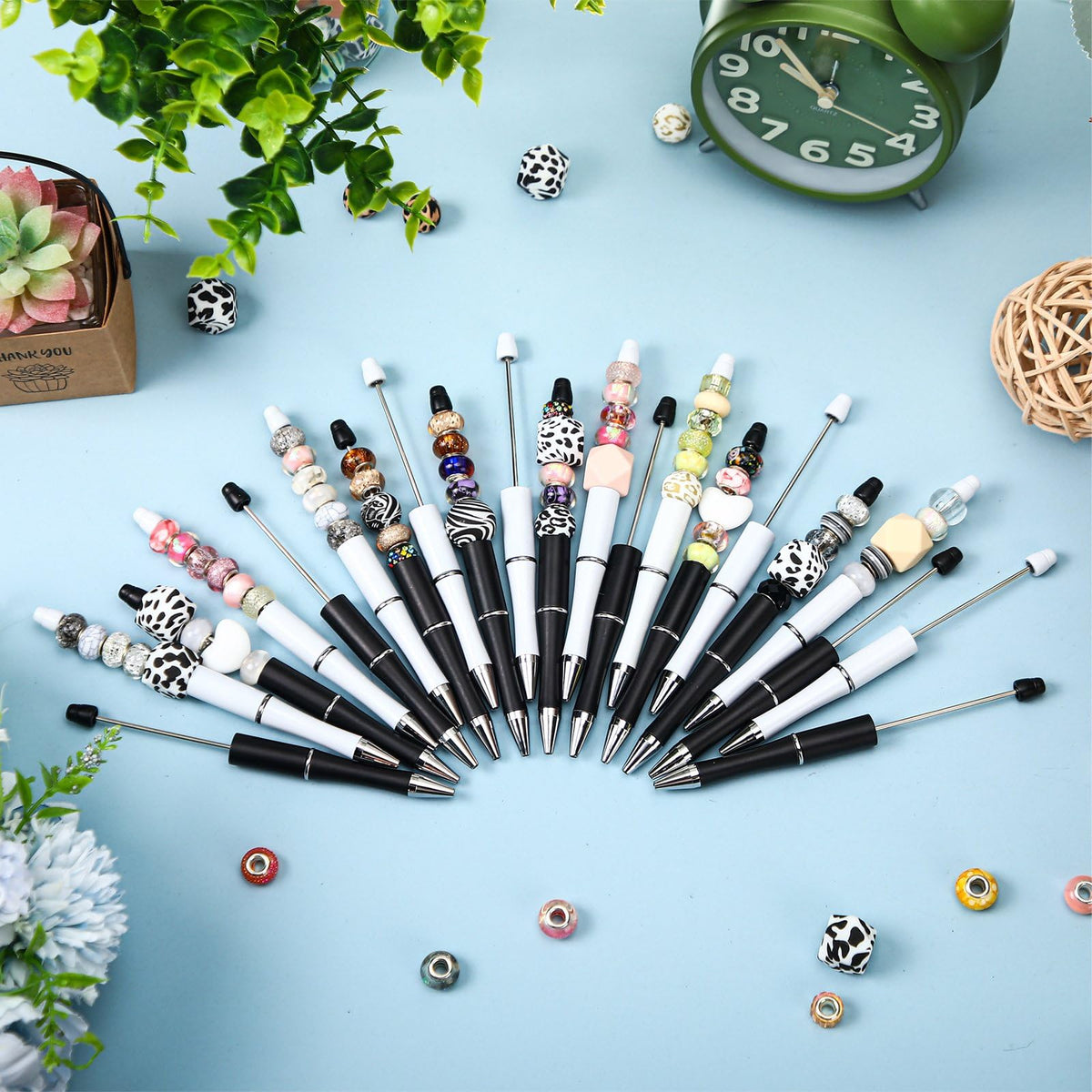 Kosiz 60 Pieces Beadable Pens Bulk Black Ink Pens,Black, White,Simple