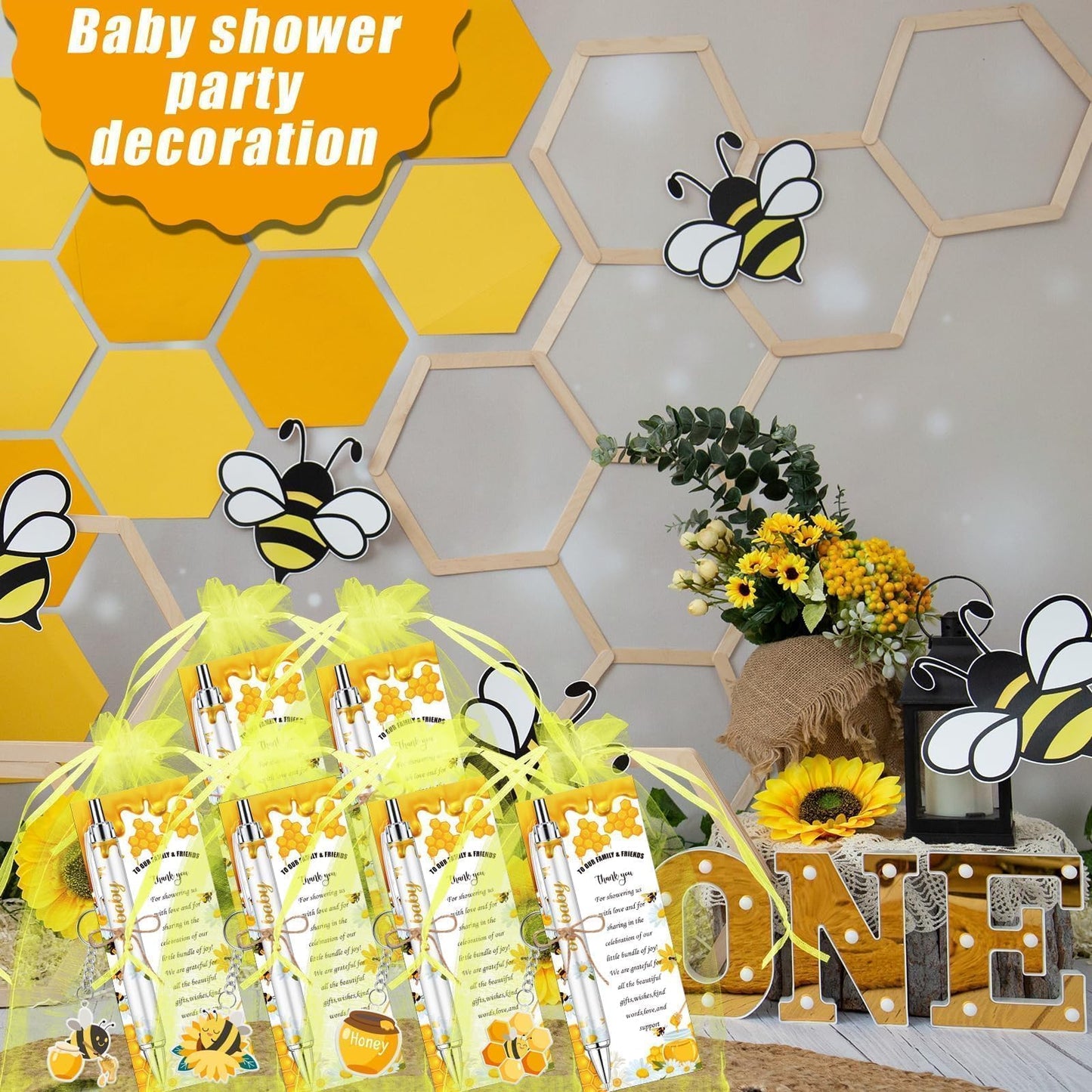 EYNDYN 145 Pieces Bee Baby Shower Favors for Guest Honeycomb Ballpoint Pens and Keychains Gifts